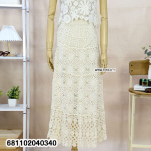 Full-length image of a natural white, handmade, open-weave cotton crochet maxi skirt and matching tank top set displayed on a mannequin.
