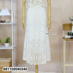 Full-length image of a natural white, handmade, open-weave cotton crochet maxi skirt and matching tank top set displayed on a mannequin.