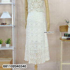 Full-length image of a natural white, handmade, open-weave cotton crochet maxi skirt and matching tank top set displayed on a mannequin.