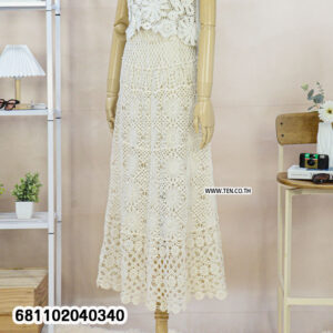 Full-length image of a natural white, handmade, open-weave cotton crochet maxi skirt and matching tank top set displayed on a mannequin.