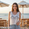 Women's Cotton Boho Crochet Sleeveless Top in white, beige cotton fabric with free size fit, breathable comfort and soft boho summer fashion aesthetic.