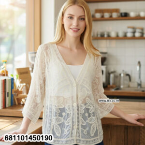 Romantic butterfly lace shirt with sheer lace fabric and soft feminine silhouette for summer wear