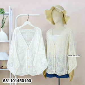 Romantic butterfly lace shirt with sheer fabric, relaxed fit, and feminine boho style for summer and beachwear fashion