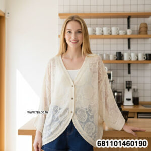 Elegant spiral sheer lace blouse with lightweight fabric, relaxed fit, and bohemian summer styling for beach and resort wear