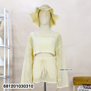 Summer crochet lounge set women with long sleeve crochet top and matching shorts in lightweight boho style