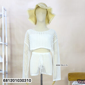 Summer crochet lounge set women with long sleeve crochet top and matching shorts in lightweight boho style