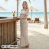 Boho off-shoulder crochet maxi dress with lightweight crochet fabric for summer beach and resort wear