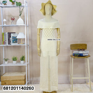 Boho off-shoulder crochet maxi dress with lightweight crochet fabric for summer beach and resort wear