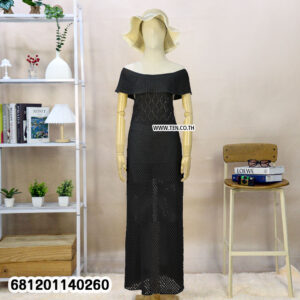 Boho off-shoulder crochet maxi dress with lightweight crochet fabric for summer beach and resort wear