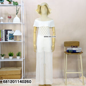 Boho off-shoulder crochet maxi dress with lightweight crochet fabric for summer beach and resort wear