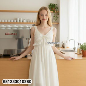 Sleeveless flowy white cotton maxi dress with ruffle neckline and lightweight fabric for summer and beachwear