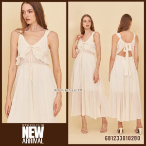 Sleeveless flowy white cotton maxi dress with ruffle neckline and lightweight fabric for summer and beachwear