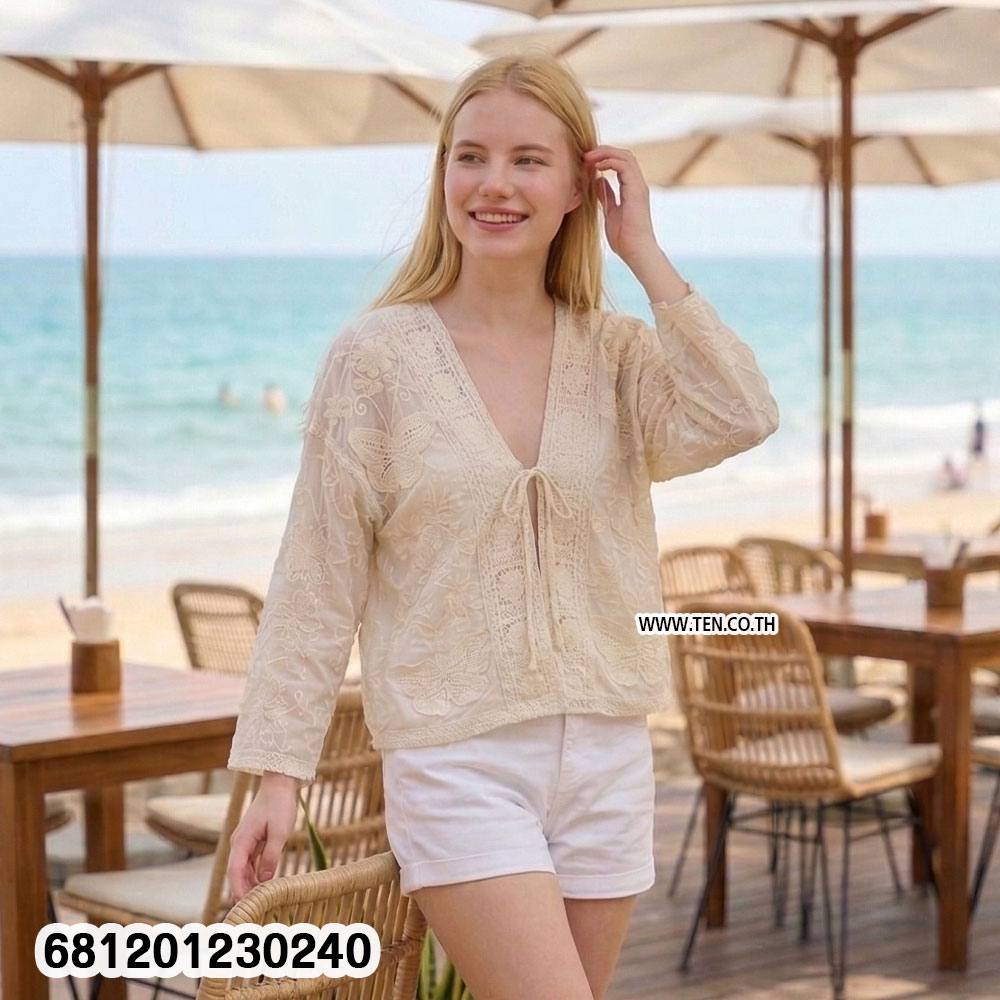 Embroidered Lace Tie-Front Cardigan เสื้อคลุมลูกไม้ปัก ผูกด้านหน้า-681201230240 - Image 2