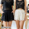 Vintage floral embroidery lace shorts in black and white with elastic waistband styled for summer beachwear and resort outfits