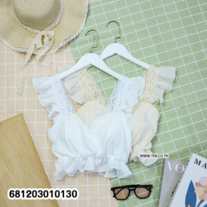 Sweetheart ruffle lace crop top for summer in white with soft lace trim and romantic ruffle hem.