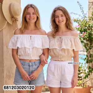 Elegant floral lace bardot top in white cotton fabric with elastic off shoulder neckline and ruffle detail.