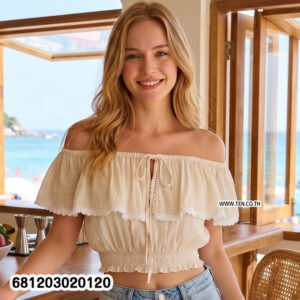 Elegant floral lace bardot top in white cotton fabric with elastic off shoulder neckline and ruffle detail.