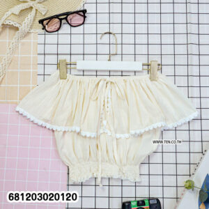 Elegant floral lace bardot top in white cotton fabric with elastic off shoulder neckline and ruffle detail.