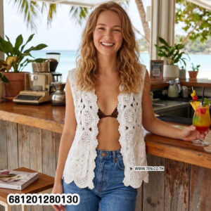 Chic floral embroidery crochet top in white, beige and black colors displayed on hanger for summer layering fashion
