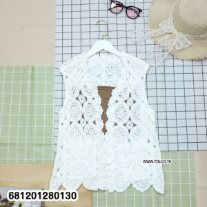 Chic floral embroidery crochet top in white, beige and black colors displayed on hanger for summer layering fashion