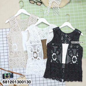 Handmade floral crochet layering vest in white, beige, and black open knit design for summer styling.