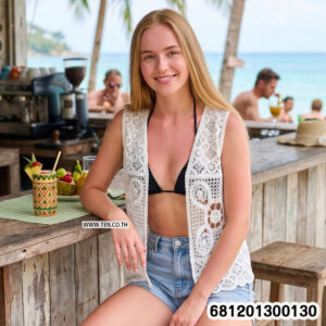 Handmade floral crochet layering vest in white, beige, and black open knit design for summer styling.