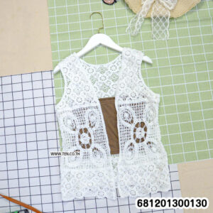 Handmade floral crochet layering vest in white, beige, and black open knit design for summer styling.