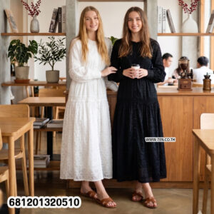 Vintage puff sleeve maxi dress with lace hem in black and white, long sleeve romantic cotton summer dress.
