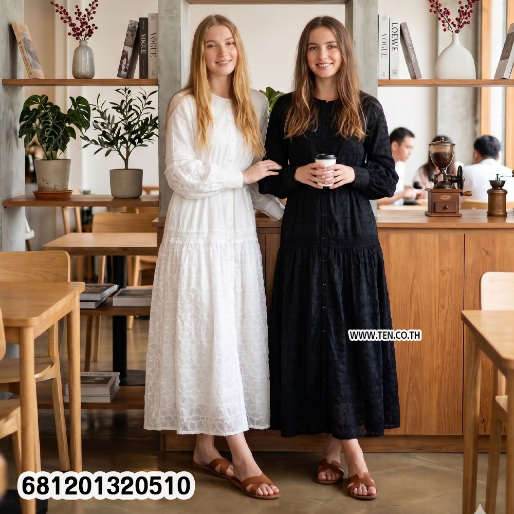 Vintage puff sleeve maxi dress with lace hem in black and white, long sleeve romantic cotton summer dress.