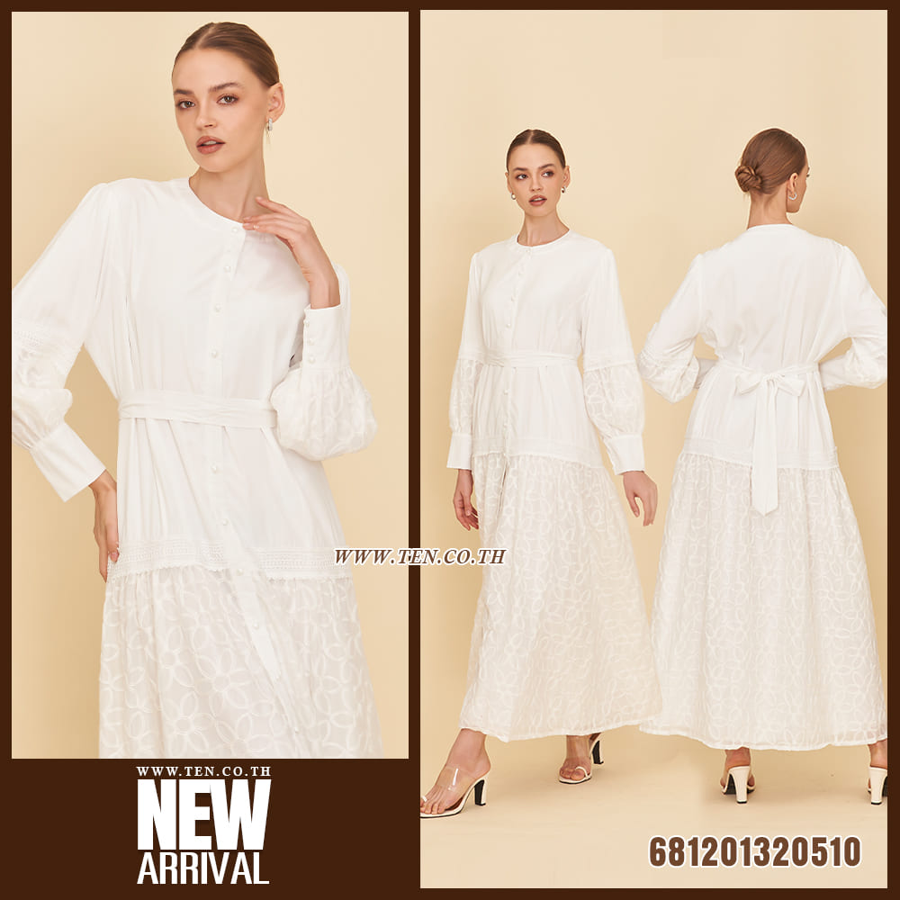 Vintage puff sleeve maxi dress with lace hem in black and white, long sleeve romantic cotton summer dress.