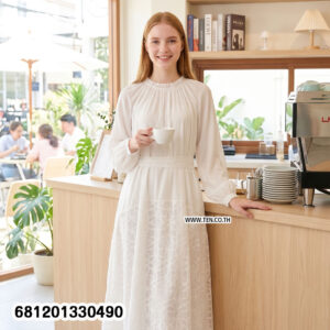 Minimalist monochrome crochet long dress in black and white with lace hem detail for summer resort wear
