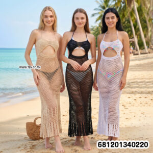 Beach style crochet maxi dress for summer in black, white, and beige open knit design displayed on mannequin.