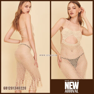 Beach style crochet maxi dress for summer in black, white, and beige open knit design displayed on mannequin.