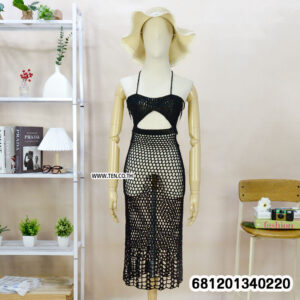 Beach style crochet maxi dress for summer in black, white, and beige open knit design displayed on mannequin.