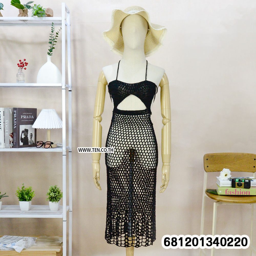 Beach style crochet maxi dress for summer in black, white, and beige open knit design displayed on mannequin.