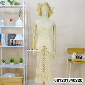 Beach style crochet maxi dress for summer in black, white, and beige open knit design displayed on mannequin.