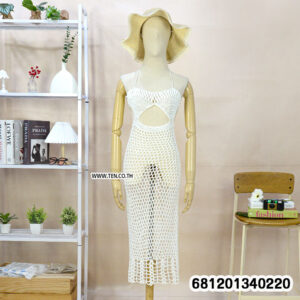 Beach style crochet maxi dress for summer in black, white, and beige open knit design displayed on mannequin.
