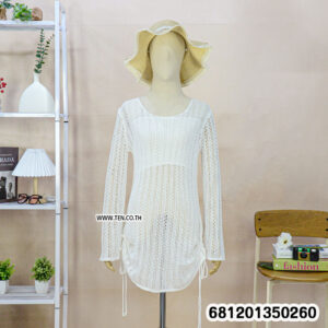 Boho crochet long sleeve dress for summer in lightweight open knit style displayed in beige and white colors.