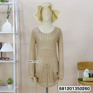Boho crochet long sleeve dress for summer in lightweight open knit style displayed in beige and white colors.