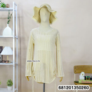 Boho crochet long sleeve dress for summer in lightweight open knit style displayed in beige and white colors.