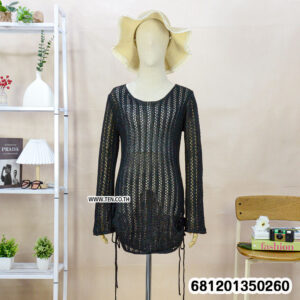 Boho crochet long sleeve dress for summer in lightweight open knit style displayed in beige and white colors.
