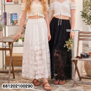 Classic hollow out crochet long skirt in black and white with floral lace hem