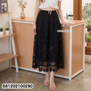 Classic hollow out crochet long skirt in black and white with floral lace hem