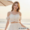 Sweet and sexy floral crochet bralette with ruffle detail in white and cream for summer beach styling