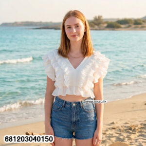 Sweet tiered ruffle crop top in soft cotton fabric with layered romantic summer design.