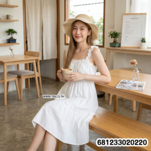 Free size white cotton summer sundress for women with ruffle straps and elastic back design, breathable fabric for casual everyday wear.