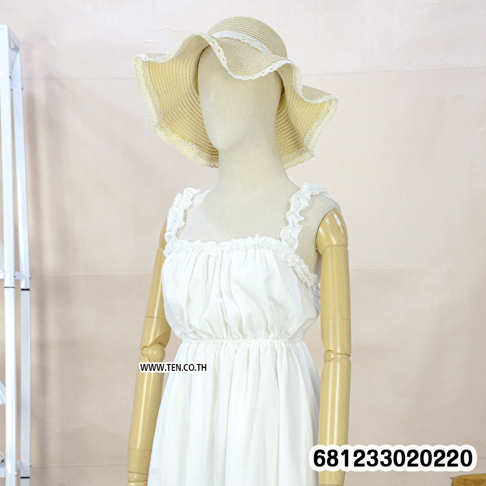 Free size white cotton summer sundress for women with ruffle straps and elastic back design, breathable fabric for casual everyday wear.