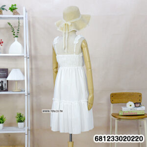 Free size white cotton summer sundress for women with ruffle straps and elastic back design, breathable fabric for casual everyday wear.
