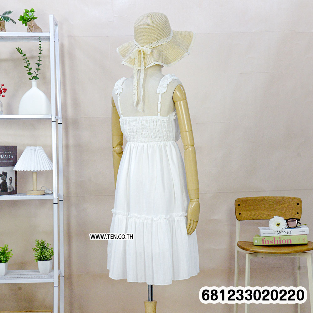 Free size white cotton summer sundress for women with ruffle straps and elastic back design, breathable fabric for casual everyday wear.