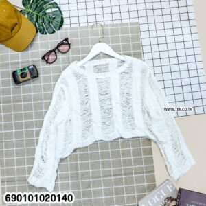 Sheer knit long sleeve top for summer in lightweight crochet texture, women’s breathable beach layering top for tropical and resort wear